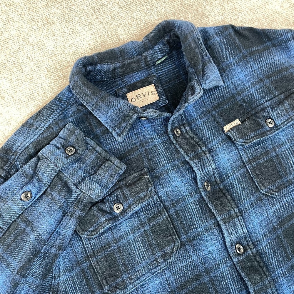 Orvis Shirt Mens 2XL Blue Black Heavy Flannel Plaid Workwear Winter Button Up